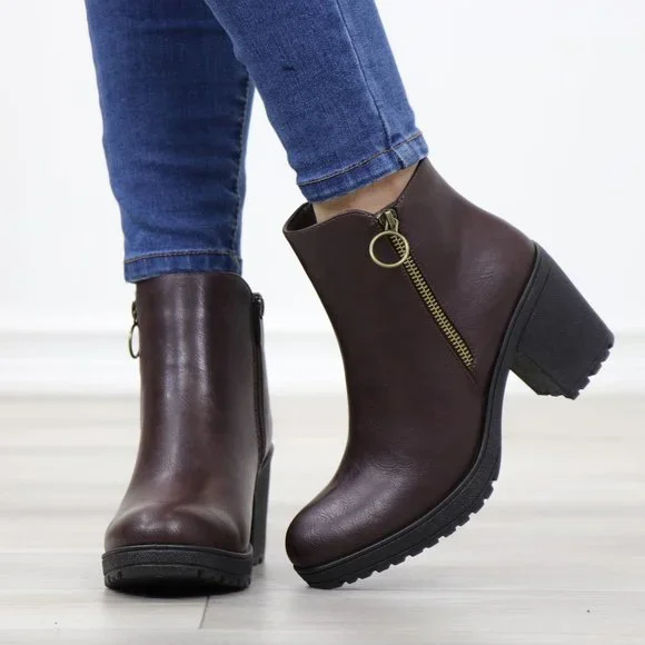 Brown Synthetic Leather Chunky Lug Block Heel Round Toe Ankle Boots - Picture 11 of 11